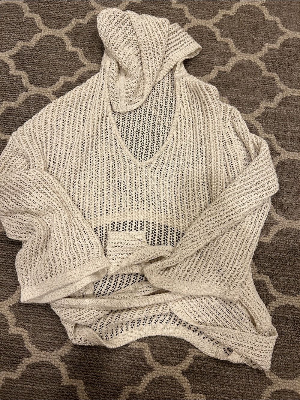 Light Cream Open-Knit V-Neck Hoodie Sweater